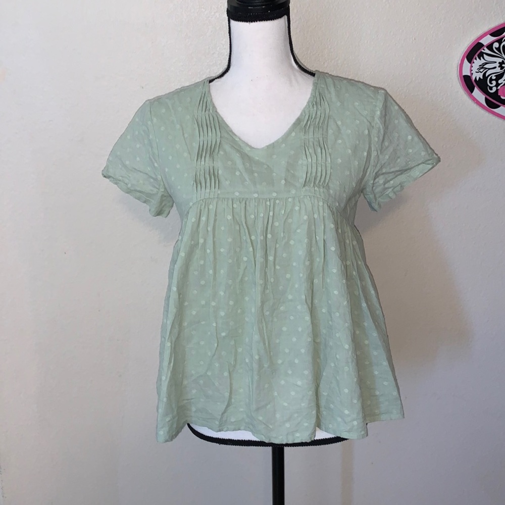 Love Olive Co sage green polka dot pleated peplum blouse